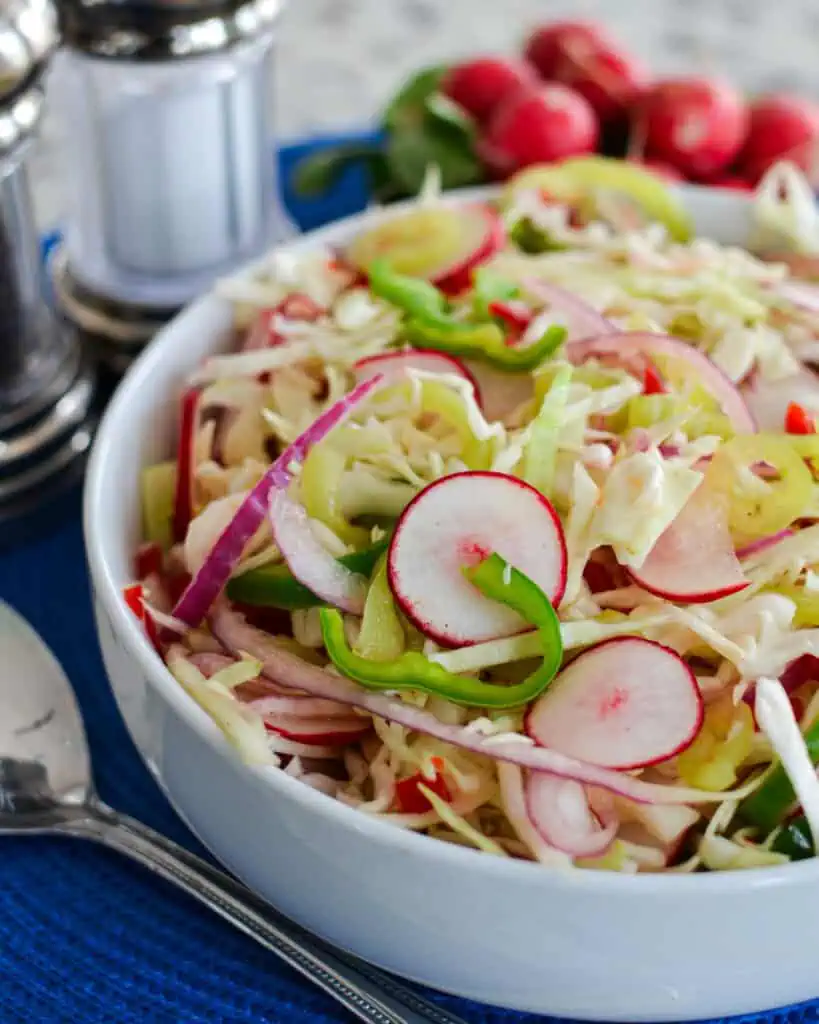 Vinegar coleslaw in a large bowl with a serving spoon and salt and pepper shaker in the background. 