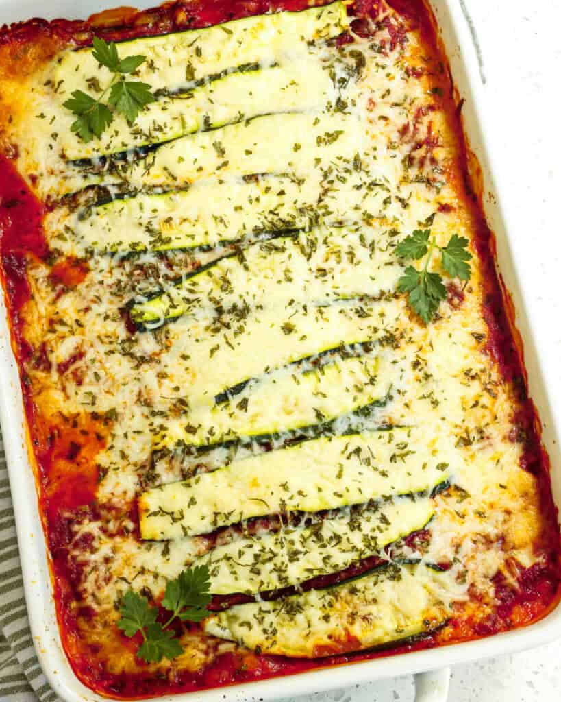 A 9x13 inch casserole dish filled with zucchini lasagna 