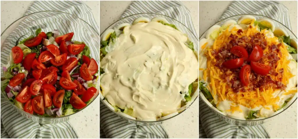 Now, place the sliced eggs on their sides, use any extra eggs and reserved lettuce to hold them in place, and finish filling the bowl. Then, spread the dressing over the top and smooth it to seal. Cover with plastic wrap and refrigerate for 4 hours up to overnight.