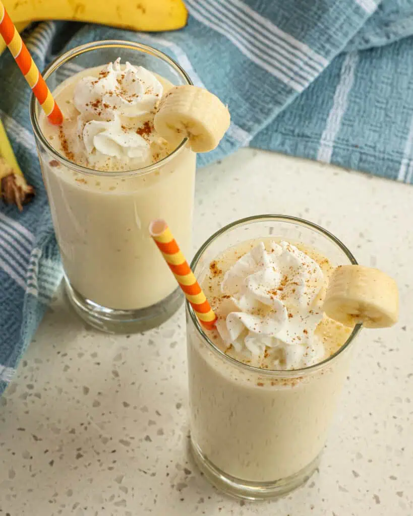Two Banana Smoothies made with wholesome ingredients in less than five minutes. 