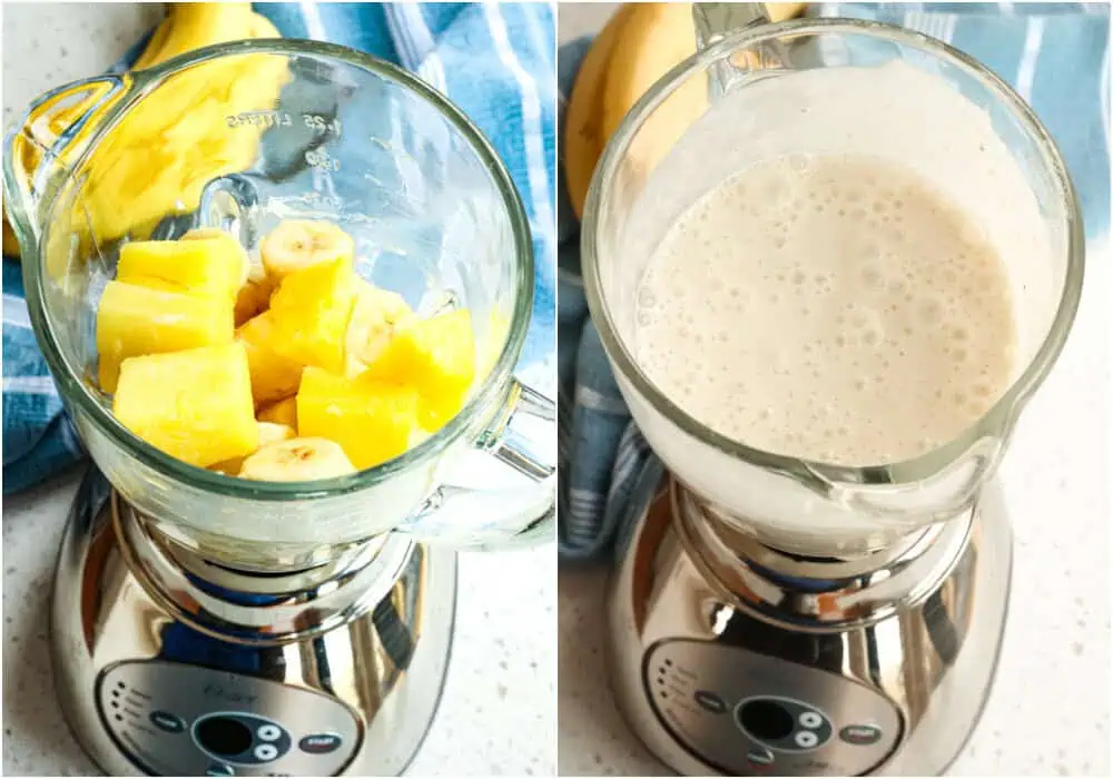 Add the milk, Greek yogurt, frozen bananas, and frozen pineapple to a blender. Blend on high speed until smooth. Pour into glasses and garnish with a tablespoon of whipped cream and a sprinkle of ground cinnamon.