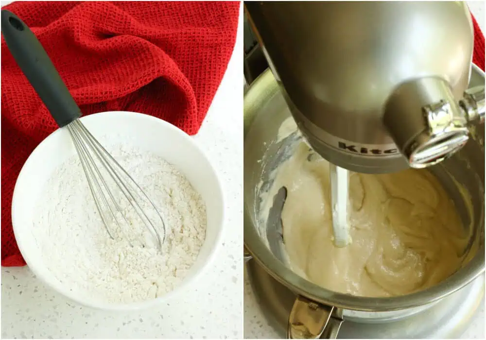 Whisk together the flour, baking powder, baking soda, and salt in a medium bowl. Set it aside for a few minutes. Using a stand mixer or a handheld mixer on medium speed in a large bowl, cream the butter and sugar together for about 2 minutes. 

Reduce the speed to low, add the eggs one at a time, mixing just until incorporated, and then add the vanilla extract.