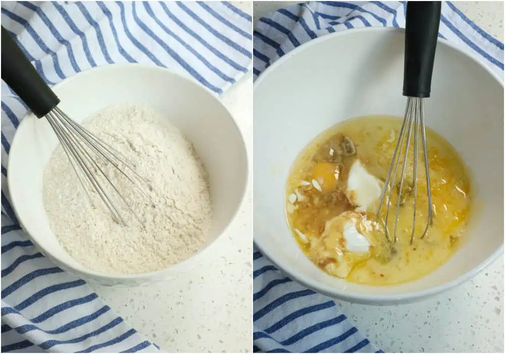 Whisk together the flour, baking powder, baking soda, and salt together in a medium bowl.  Then in a large bowl whisk together the melted butter, vegetable oil, eggs, sour cream, milk, brown sugar, granulated sugar, and vanilla extract.