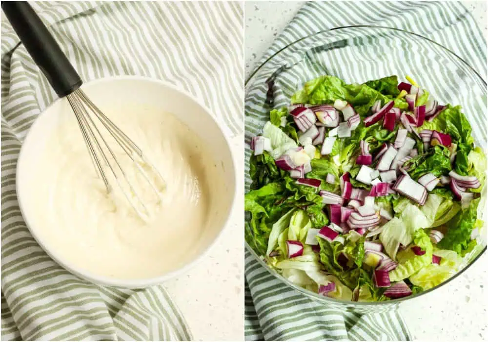 Start by mixing your dressing. Mix the mayo, sour cream, honey, salt, and pepper. Layer the chopped lettuce (reserving about 2 cups) in a large clear bowl or trifle bowl, followed by the red onions, tomatoes, and green peas. 