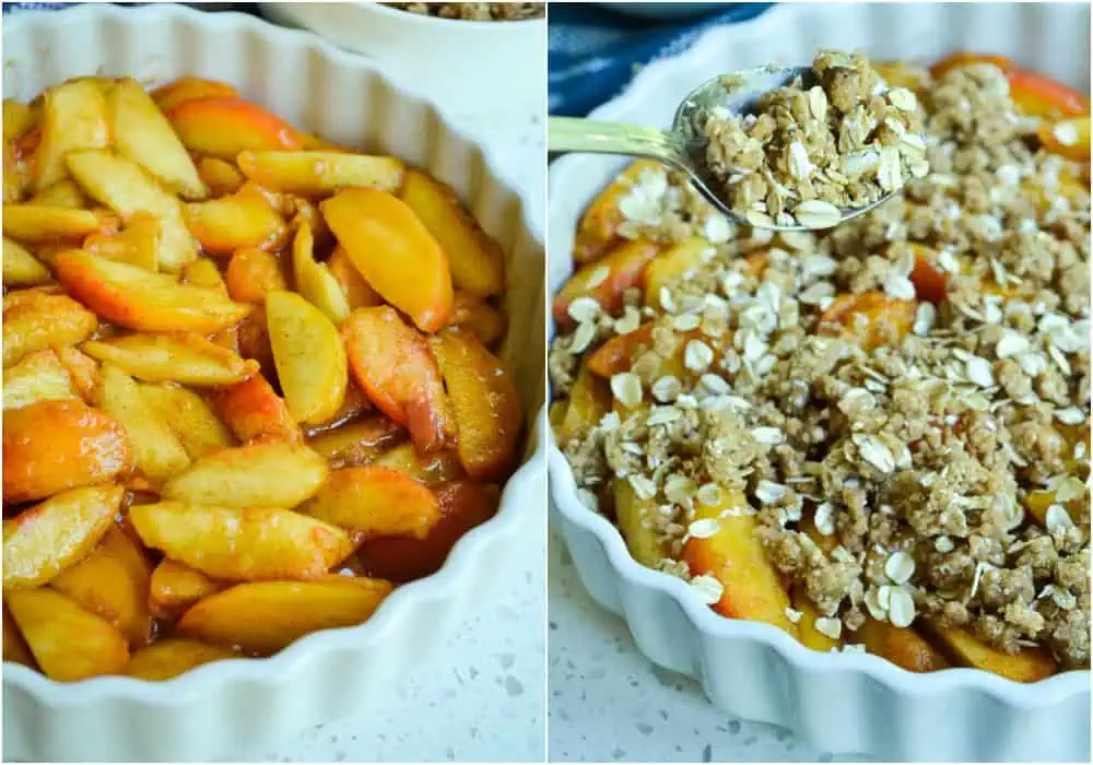 The peach mixture for a peach crisp spooned into a dish and then topped with the crisp topping. 