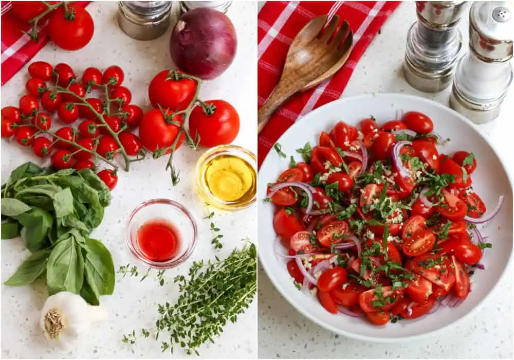 Combine the tomatoes, red onion, garlic, and fresh basil leaves in a large bowl.