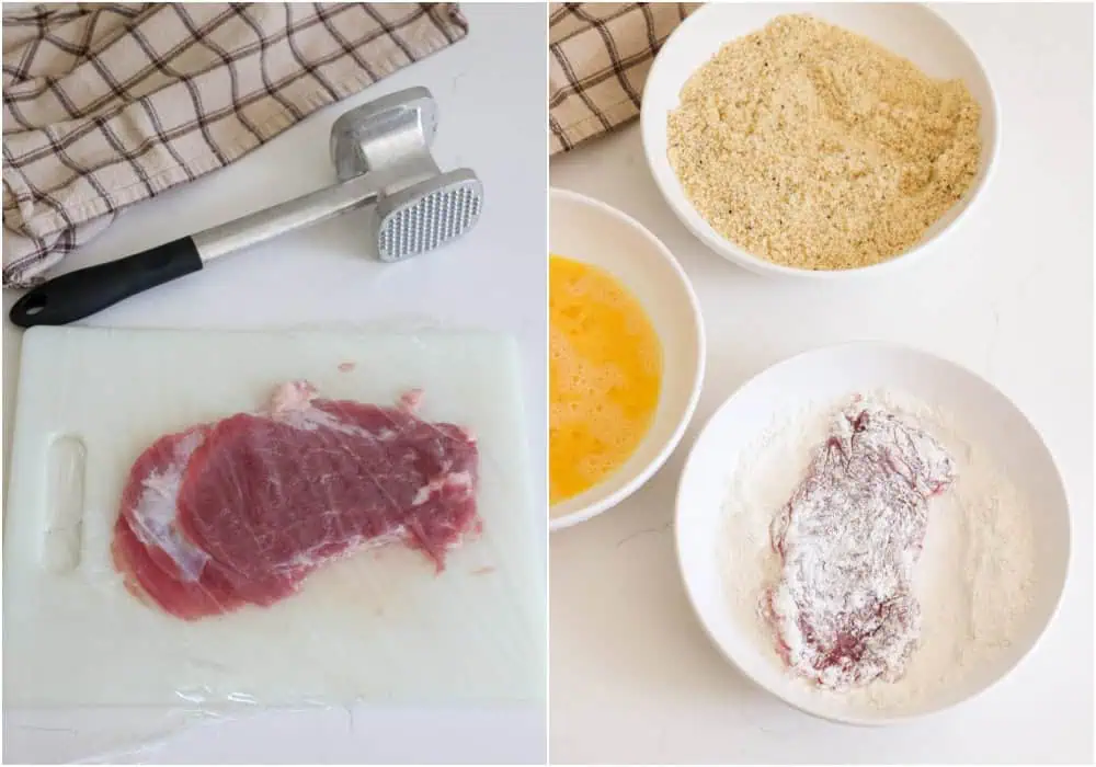 Use a meat mallet to pound the tenderloin about 1/4 inch thick. Then, set up the breading stations