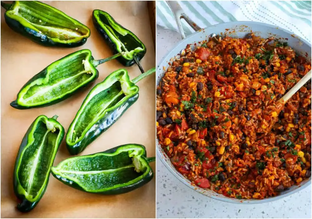 First, roast the peppers. While roasting, brown the ground beef and cook the onion over medium heat. Then, reduce the heat and add the garlic and spices, cooking for a minute. 