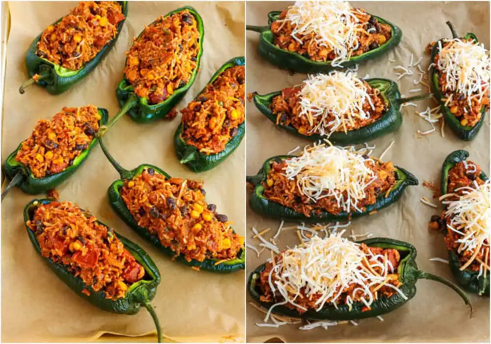 Spoon the mixture into the roasted poblano peppers, top with cheese, and bake. 