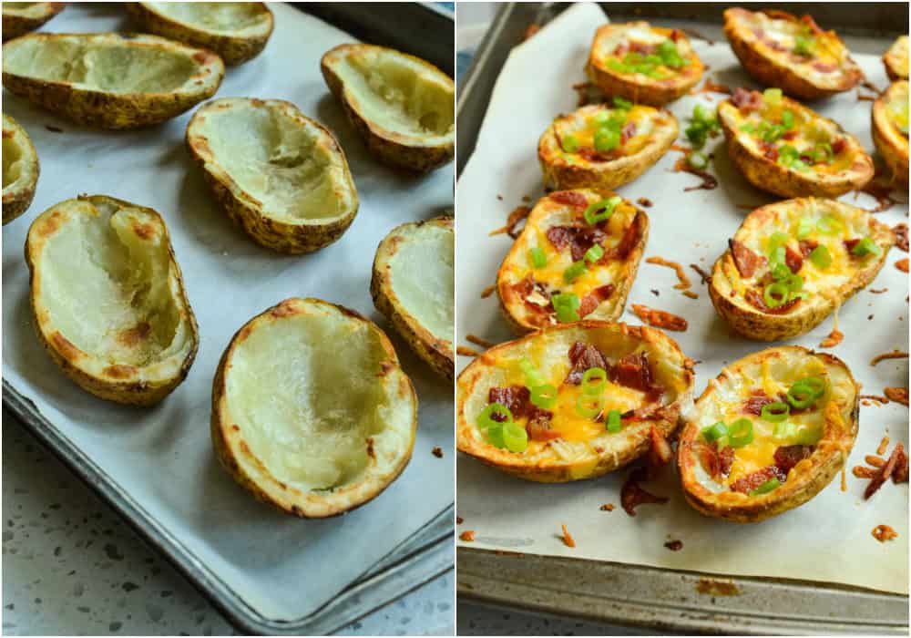 Hallowed out baked potato skins on a parchment covered baking sheet. Baked potato skins on a parchment covered baking sheet. 