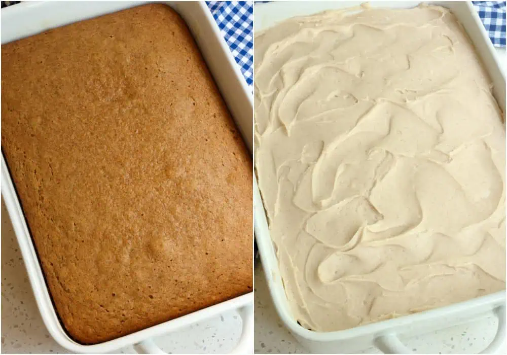 Spread the cream cheese frosting on the fully cooled cake. 