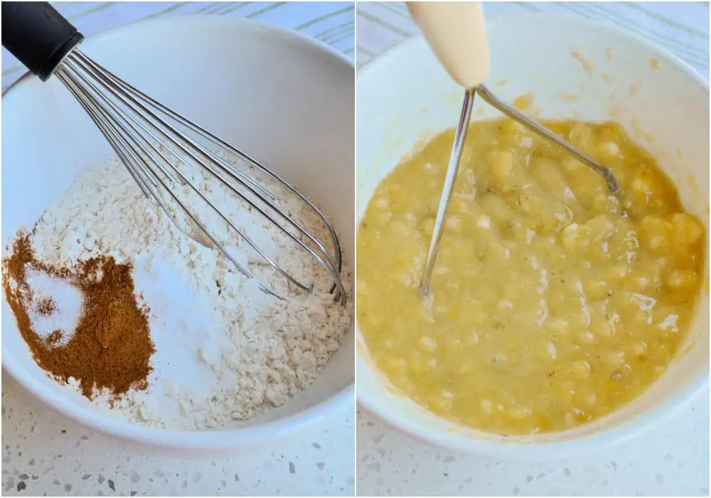 Some of the steps to making banana nut bread. whisking the flour, baking soda, ground cinnamon, and salt in a large mixing bowl. Mash the bananas in a bowl. 