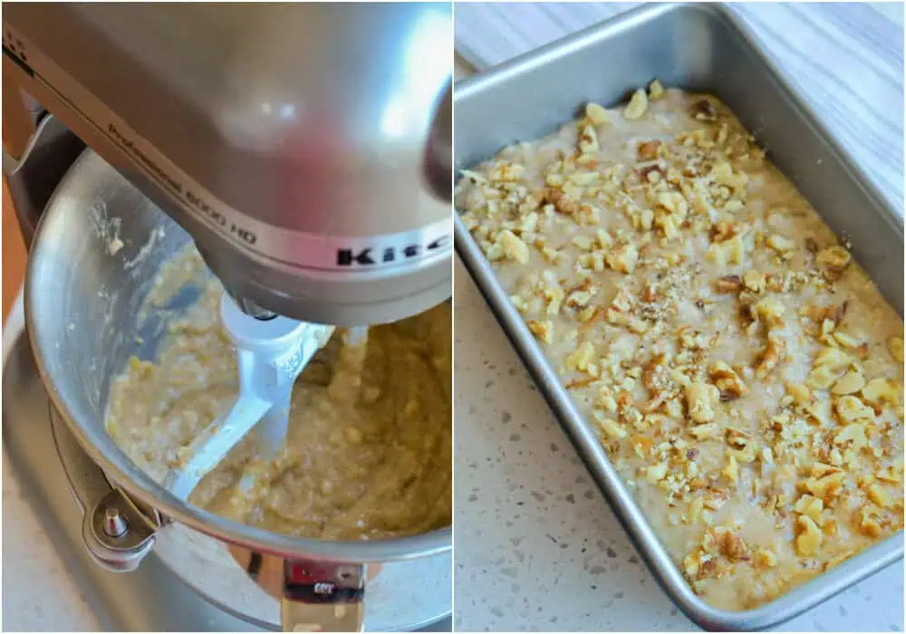 Some of the steps to making banana nut bread. turn the mixer to low or stir, and add the flour mixture to the wet mixture beating it just until incorporated. Pour the batter into a greased loaf pan and sprinkle more chopped nuts on the top.