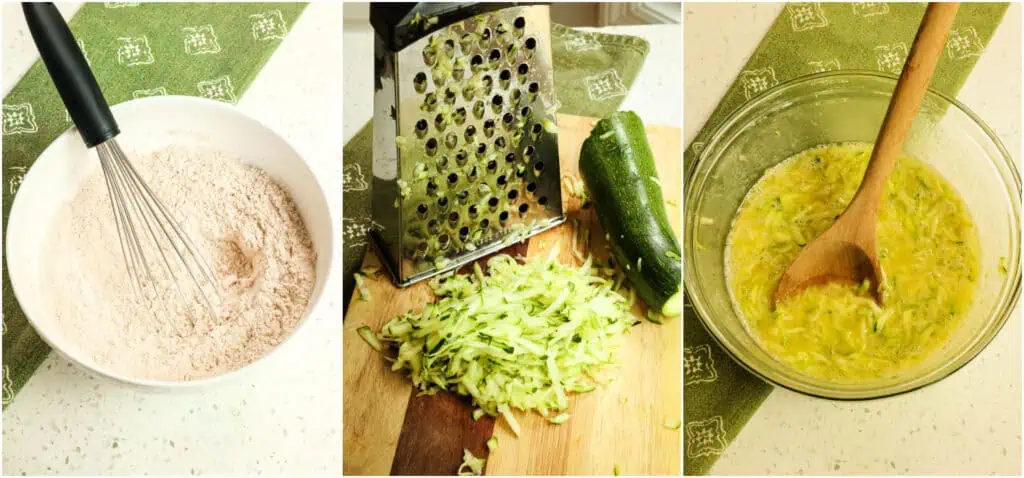 First, mix the flour, cinnamon, baking soda, baking powder, and salt in a medium bowl. In a large bowl, whisk together the vegetable oil, sugar, eggs, and vanilla extract. Stir in the shredded zucchini.