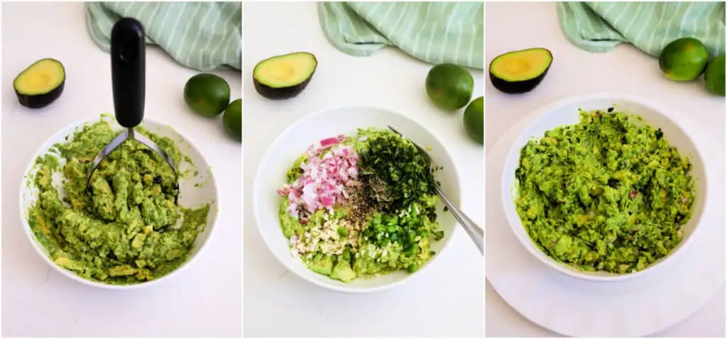 Mash the avocados, lime juice, and lime zest with a potato masher or fork. Add the red onion, garlic, jalapeno, and cilantro.