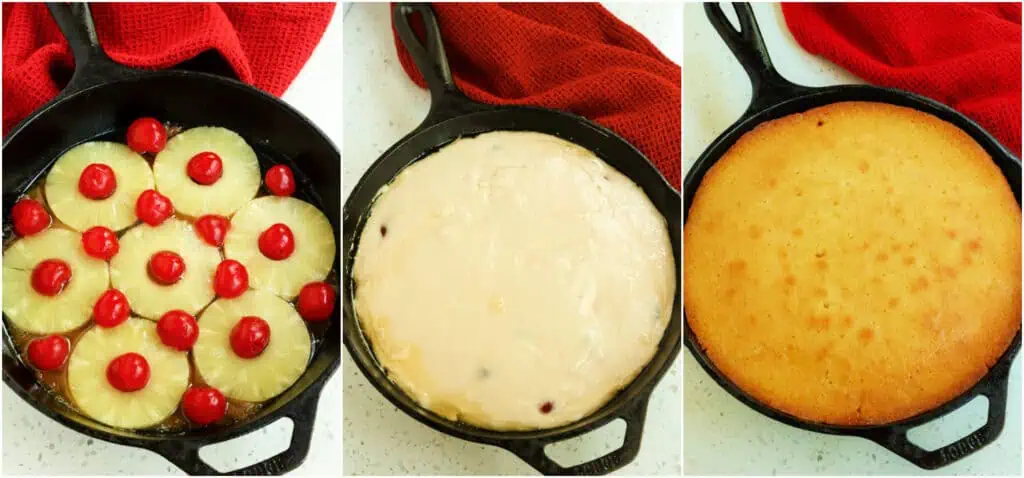 Melt butter in an 11-inch or 10-inch cast iron skillet in the oven. Sprinkle in the brown sugar as evenly as possible. Top with a single layer of pineapple slices, and fill the cored holes with maraschino cherries.
Gently pour the cake batter over the top and bake