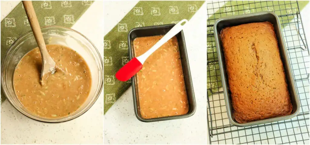 Mix the dry ingredients into the wet ingredients. Pour the batter into a well-greased loaf pan and bake until a toothpick inserted in the center comes out clean or with a few moist crumbs. Cool in the pan on a wire rack for 10-15 minutes before carefully inverting it.