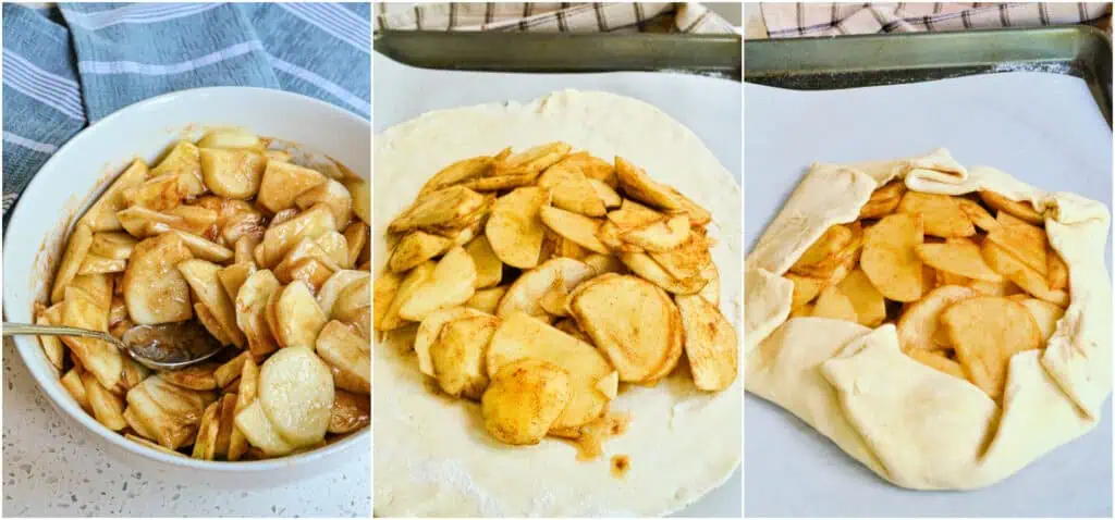 After chilling the dough, peel, core, and slice the apples. Toss the apples in a bowl with the lemon juice, brown sugar, cinnamon, cloves, nutmeg, and cornstarch. Gently roll the pie dough out with a rolling pin to about a 12-inch circle on a lightly floured surface. Trim the rough edges with a pizza cutter, leaving a 2-inch border. Spoon the apples into the center of the pie crust. Bring up the edges, tuck it in, and fold it along the way.
