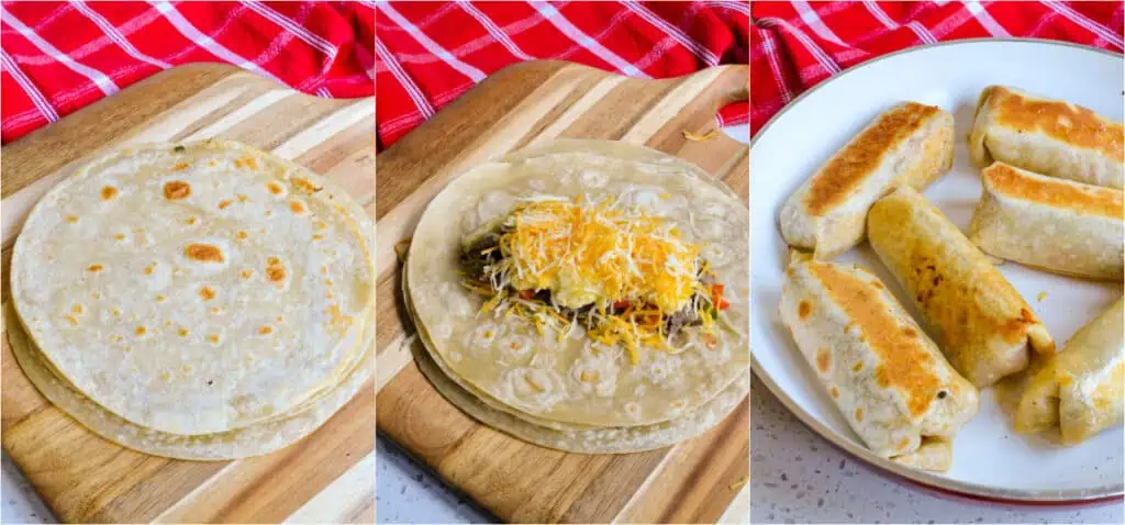 Assemble the burritos by adding a few heaping tablespoons of sausage mixture, scrambled eggs, and cheese to the tortilla. Fold the tortilla and brown in a dry, nonstick skillet. 