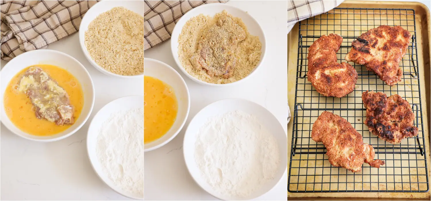 Dredge each pork piece in the flour, the beaten eggs, and the cracker crumb mixture. Fry the pork patties until golden brown. 