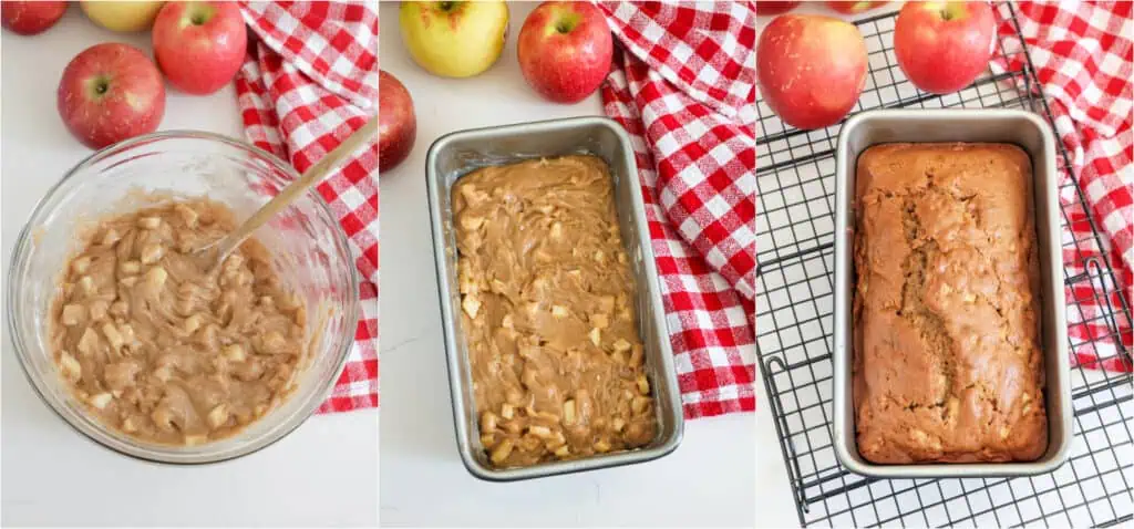 The steps to making apple bread. Add the dry ingredients to the wet ingredients and mix just until combined. Fold the apple mixture into the batter.

Spoon the batter into a greased loaf pan and bake. The batter will be thick. Bake for about 1 hour or until a toothpick inserted in the center comes out clean.