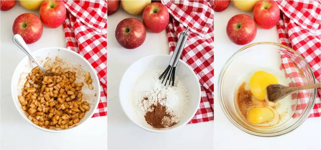 The steps to making apple bread. Combine the apples, brown sugar, ground cinnamon, and melted butter. Toss to coat and set aside while you make the batter. In a medium bowl, whisk the flour, ground cinnamon, ground nutmeg, salt, baking powder, and baking soda. In a large bowl, stir the granulated sugar, eggs, vegetable oil, and vanilla extract. 