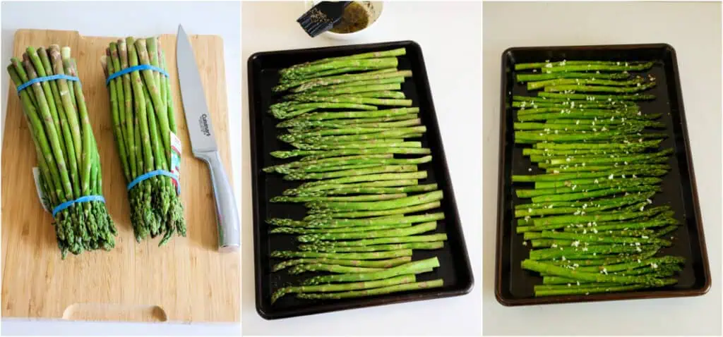 Start by washing, trimming, and drying your asparagus. Next, lay it out in a single layer on a sheet pan. Brush or drizzle with olive oil. Cook for about 5 minutes. Then, remove the pan from the oven, add the minced garlic, and grate some Parmesan cheese over the top. Roast the asparagus for about 5 additional minutes or just until tender. 