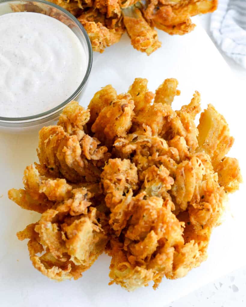 Overhead view of a fried blooming onions. 