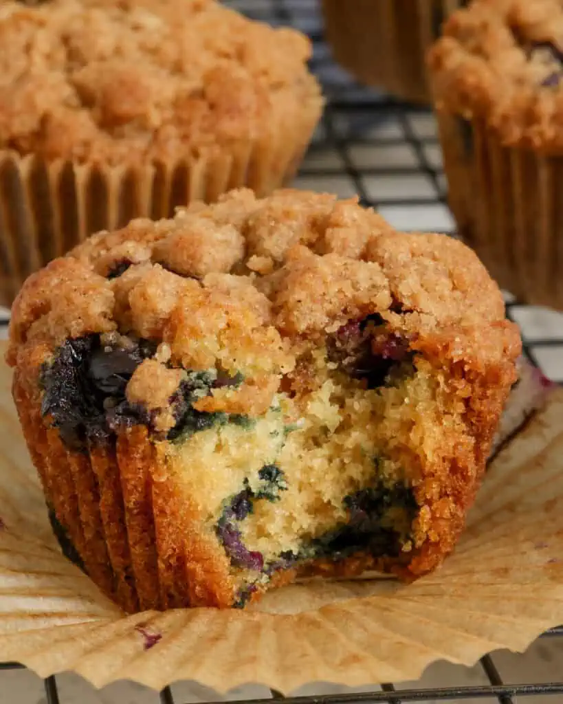 The inside of a fresh blueberry muffin. 