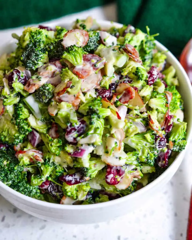 Broccoli Salad with fresh broccoli, smoked bacon, onion and sliced almonds. 