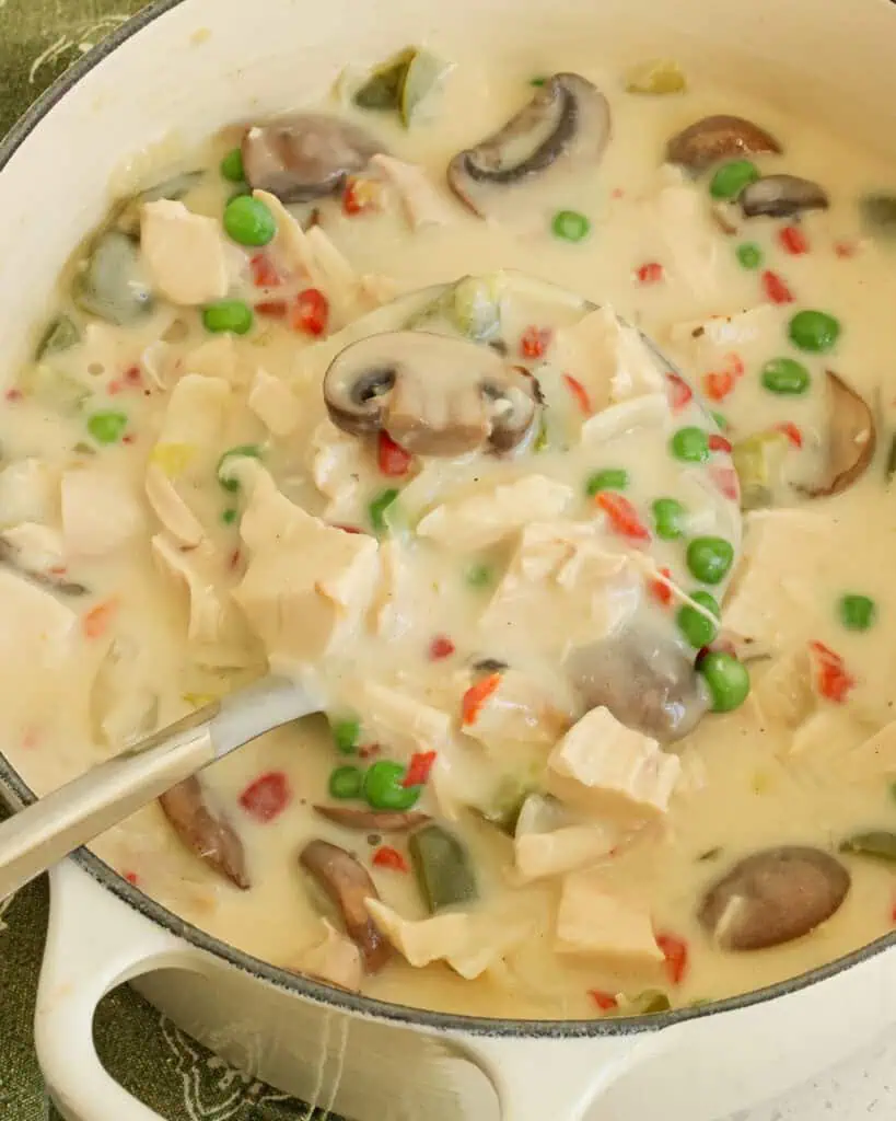 Chicken a la king is a combination of chicken, mushrooms, onions, peas, green peppers, and pimentso in a rich cream sauce. 
