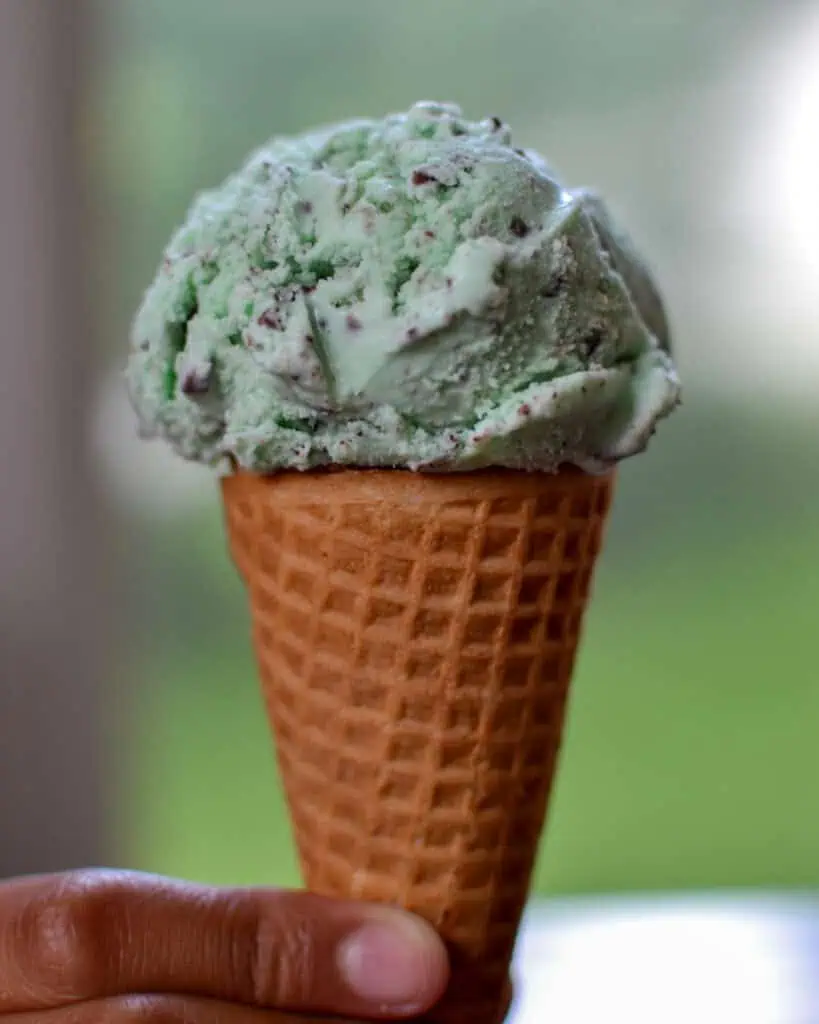 A scoop of chocolate chip mint ice cream in a cone. 