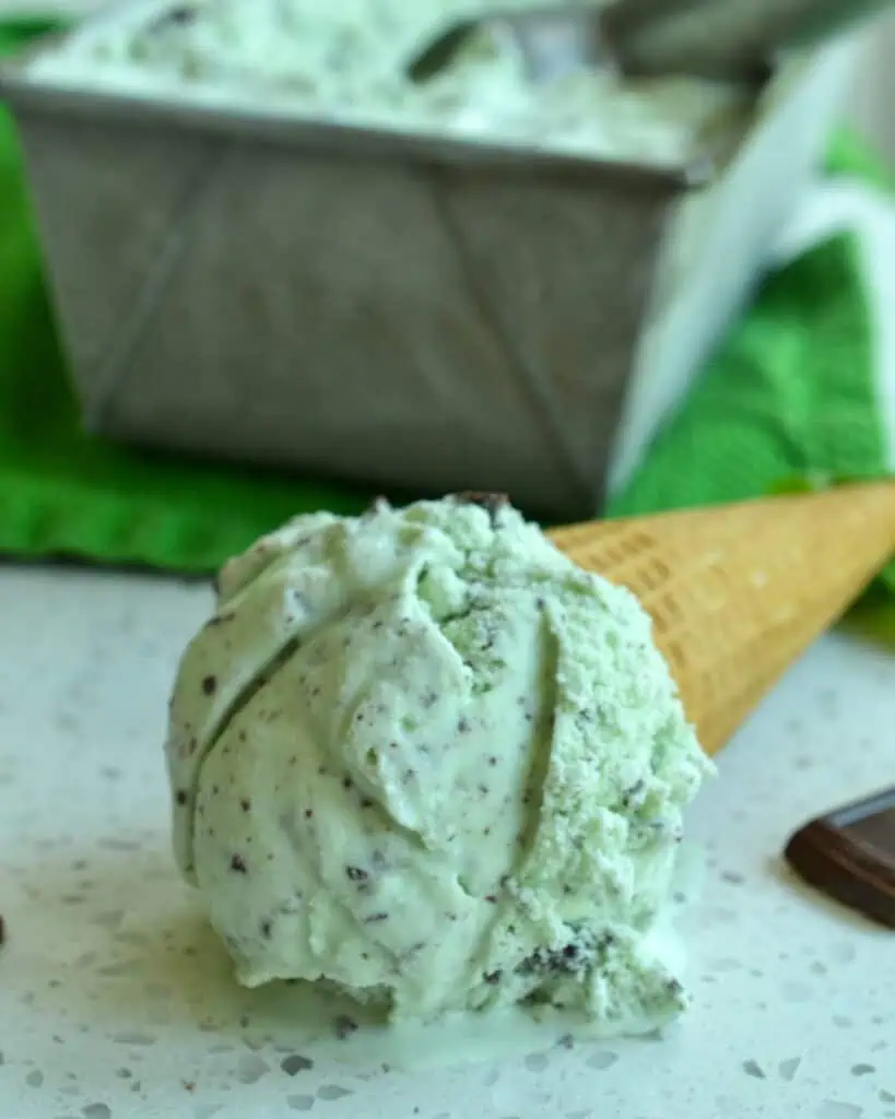 An ice cream cone with a single scoop of mint chocolate chip ice cream. 