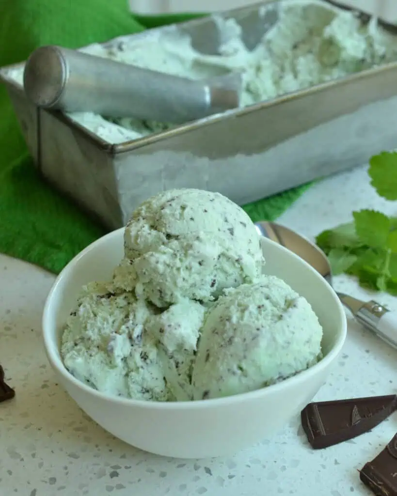 Three scoops of chocolate chip mint ice cream in a bowl. 