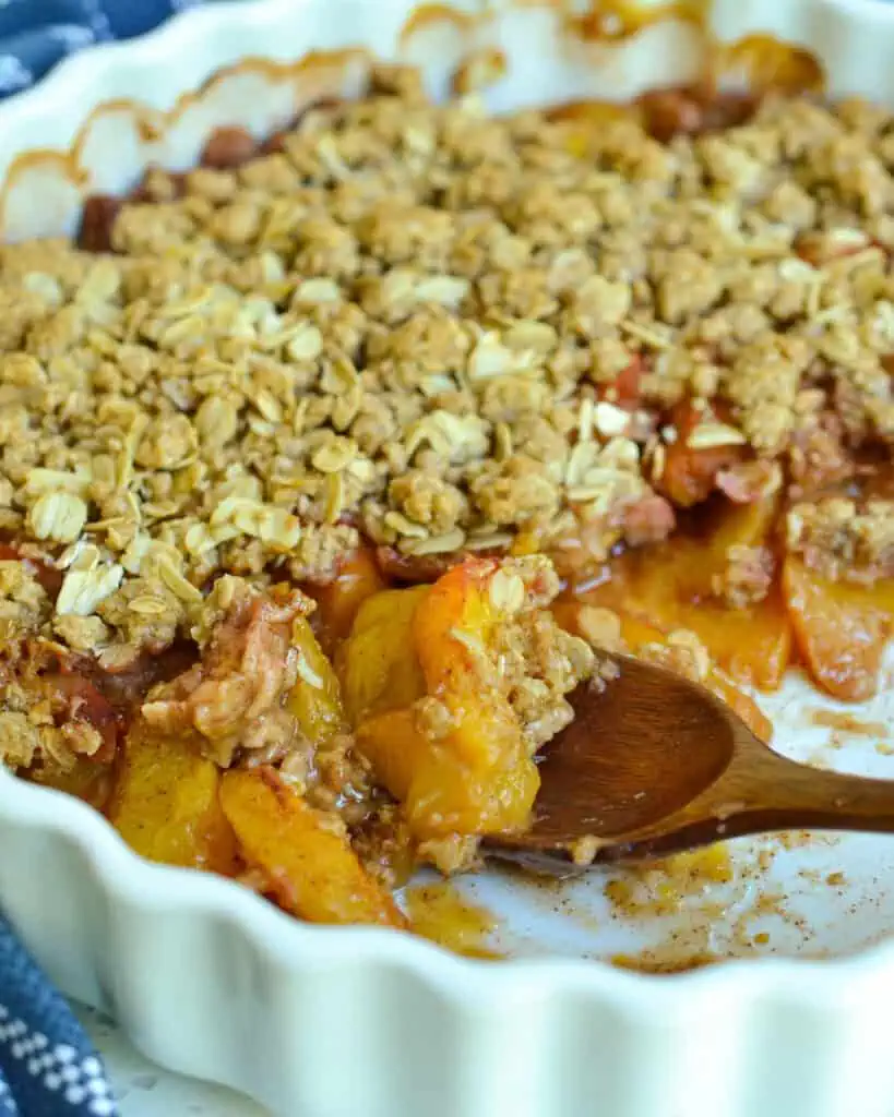 Homemade peach crisp in a baking dish. 