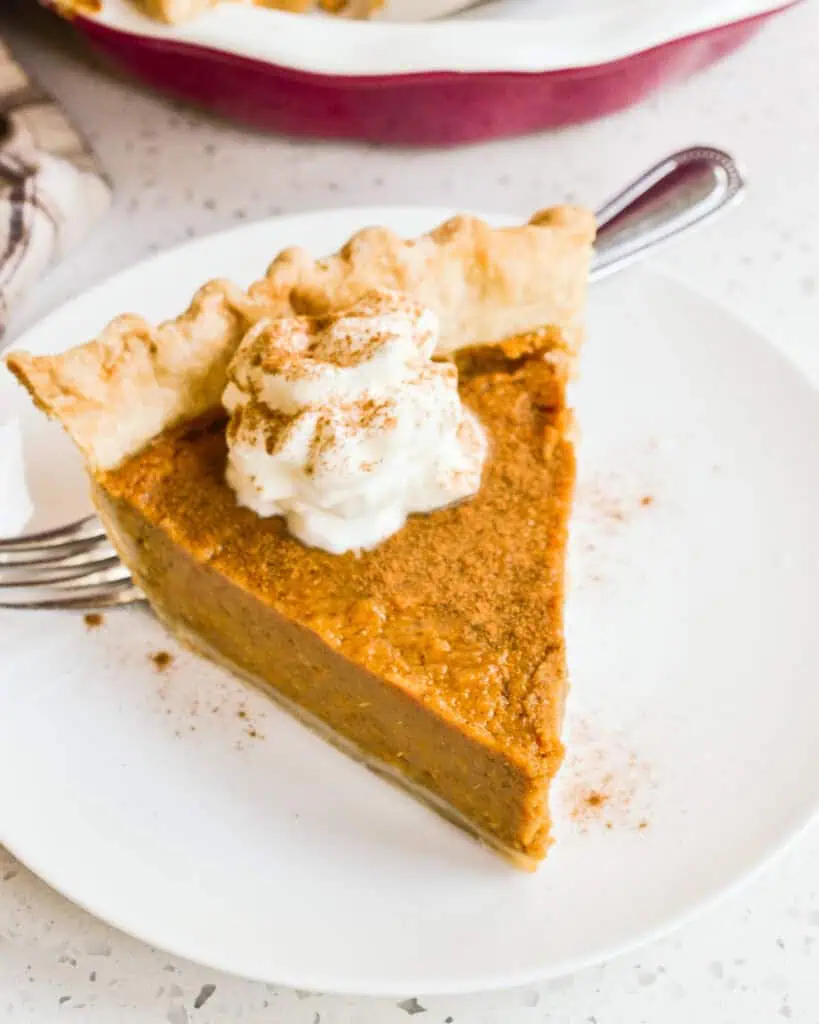 Overhead image of a single slice of sweet potato pie with whipped cream and ground cinnamon. 