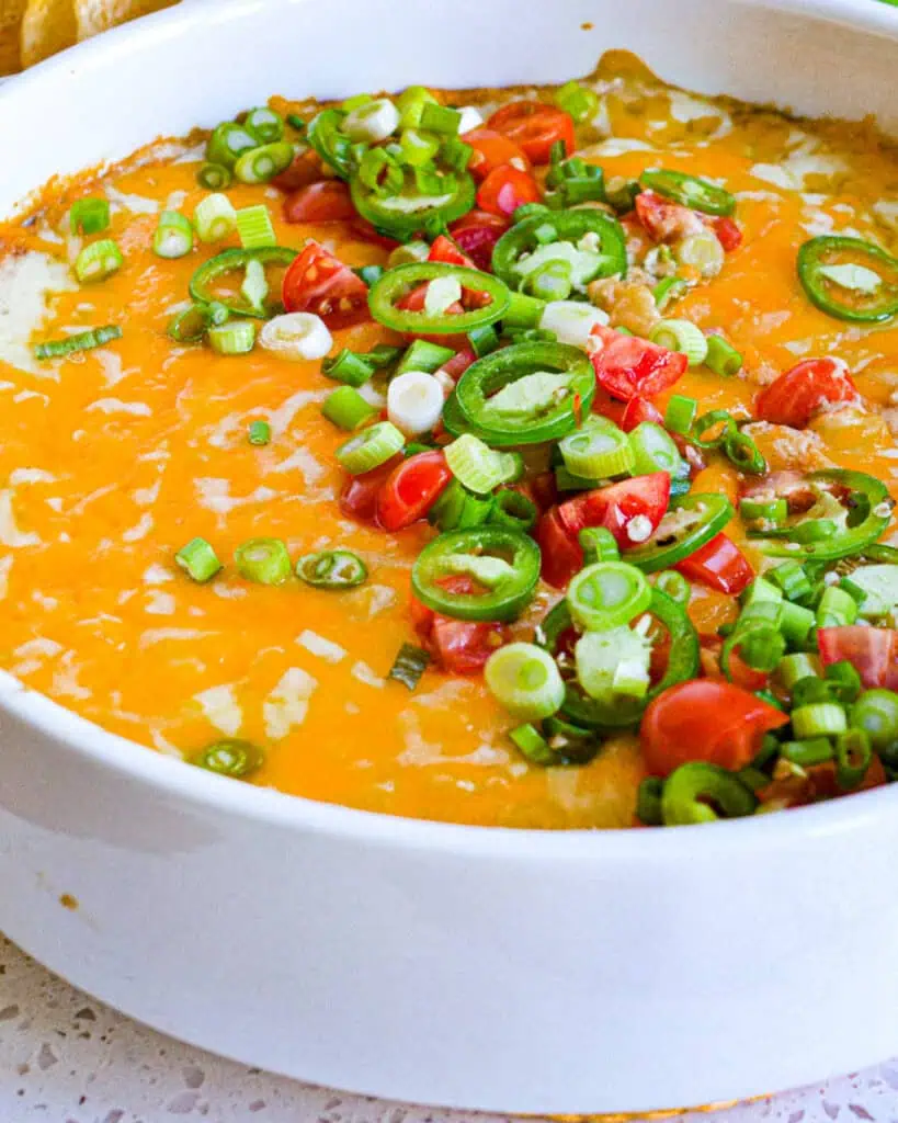 Warm bean dip topped with melted cheese, tomatoes, jalapenos, and green onions in a round casserole dish. 