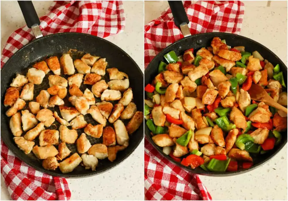 The steps to making sweet and sour chicken. Browned chicken in a skillet. Browned chicken, bell peppers, and onions in a skillet. 