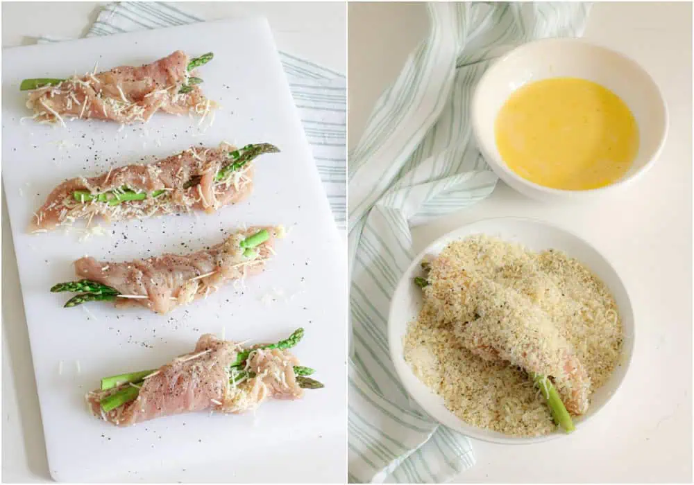 Steps to making asparagus stuffed chicken. Roll the chicken breasts with the asparagus and mozzarella and secure with a toothpick. 