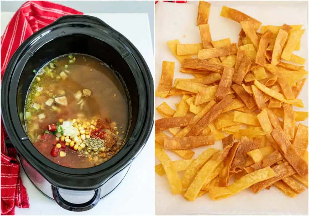 Steps to making crock pot chicken tortilla soup. Add the sauteed vegetables, chicken, chicken broth, tomatoes, black beans, corn, chili powder, ground cumin, smoked paprika, dried oregano, and cayenne pepper to a crock pot. Sprinkle the hot fried tortilla strips with salt to taste. 