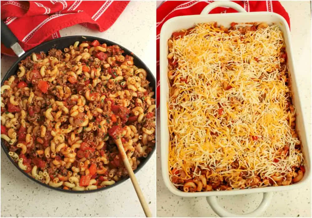 The steps to make cheesy hamburger casserole. Simmer for a couple of minutes. Season with kosher salt and fresh ground black pepper to taste. Spoon the ground beef mixture into a 9x13-inch casserole dish. Top with a mixture of shredded cheddar cheese and shredded Monterey Jack cheese.