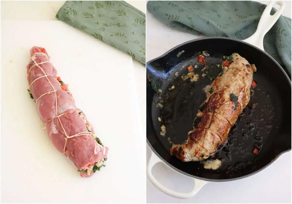 The steps to making stuffed pork tenderloin. Roll the meat lengthwise as tight as possible and truss it or secure it with toothpicks. Heat the olive oil in an ovenproof skillet and sear the tenderloin on both sides.