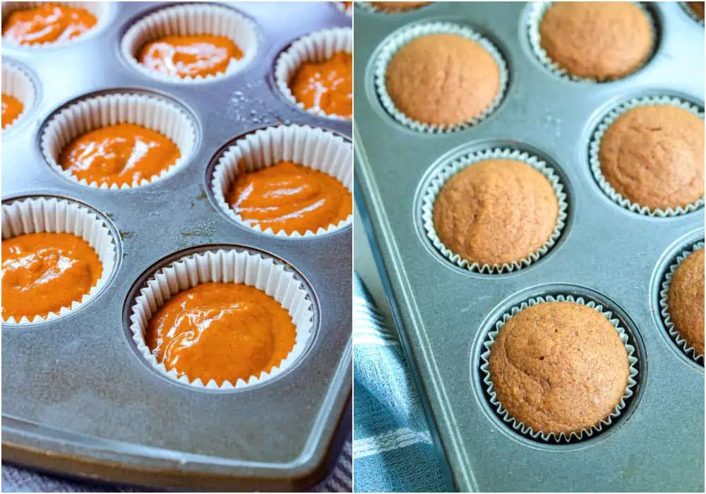 Divide the pumpkin cupcake batter evenly into a muffin tin with cupcake liners. Bake in a preheated oven for about 20 minutes. Let the cupcakes fully cool before frosting.