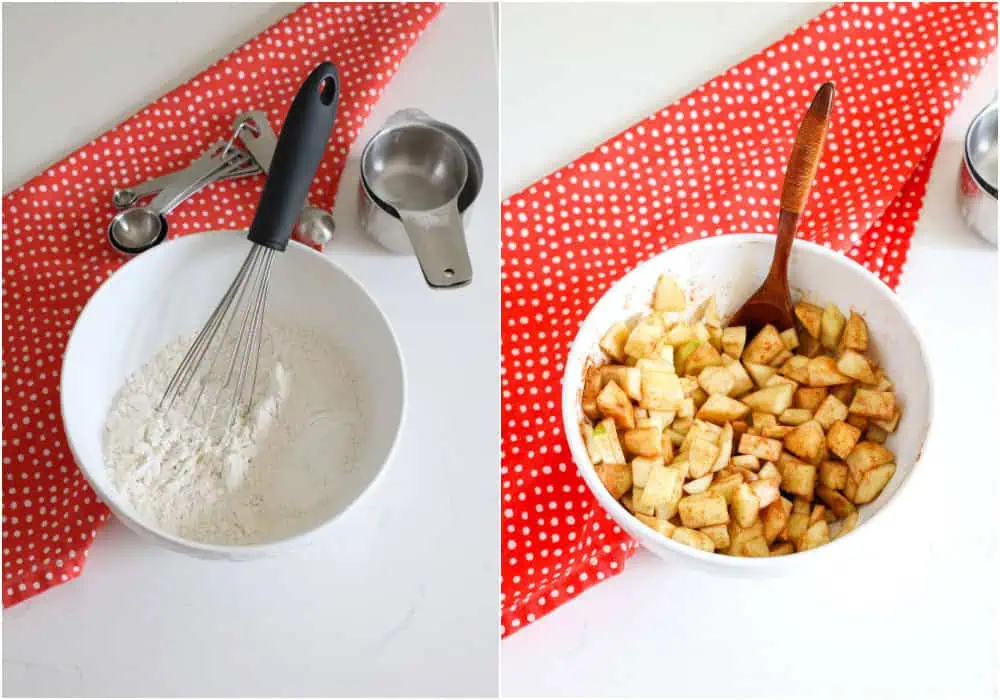 The steps to making apple fritter bread. Whisk the flour, baking powder, and salt in a medium bowl. Combine the apples, brown sugar, and cinnamon in a separate bowl.  