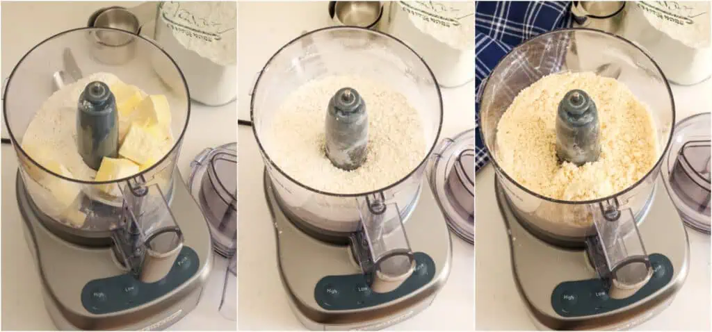 The steps for making pie crust in a food processor. Pulse the flour, salt, and butter several times in a food processor until small crumbs form. Add 2 tablespoons of water and pulse. Add water 1 tablespoon at a time until the dough holds when pinched together.