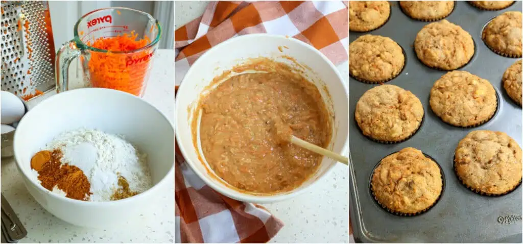 Some of the steps to making carrot muffins. First, mix the flour, baking powder, baking soda, salt, ground cinnamon, nutmeg, and ginger in a medium bowl. Then, stir the granulated sugar, brown sugar, eggs, vegetable oil, vanilla extract, and crushed pineapple in a large bowl. Add the dry ingredients to the wet ingredients, mixing just until combined. Stir in the carrots and walnuts. Fill the muffin cups and bake. 