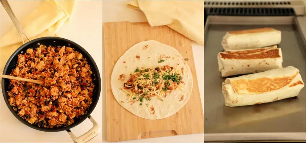 The steps to making chicken burritos. Mix in the salsa and blackened corn. Stuff the burritos and grill the burritos. 