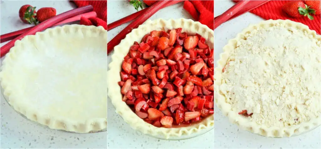 There are several steps to making a rhubarb pie. Gently tuck it into the pie pan, trim the edge about an inch over the side, tuck it in along the edge, and flute it.  Add the rhubard strawberry mixture and top with the streusel topping. 