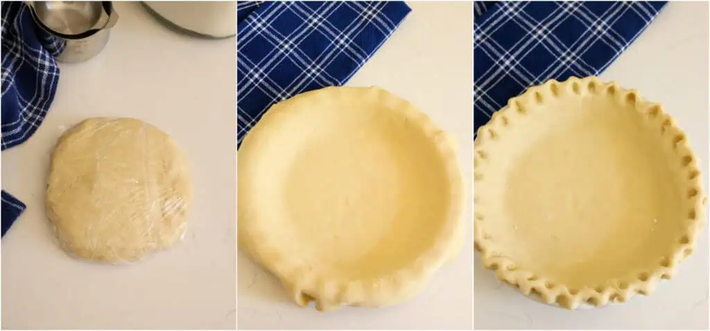 The steps for making the pie crust. Prepare the pie crust dough and pat it out into a disk. Then, wrap it in plastic wrap and chill it in the fridge for a couple of hours. Gently roll out the pie crust, tuck it into the pie pan, trim the edge about an inch over the side, tuck it in along the edge, and flute it.