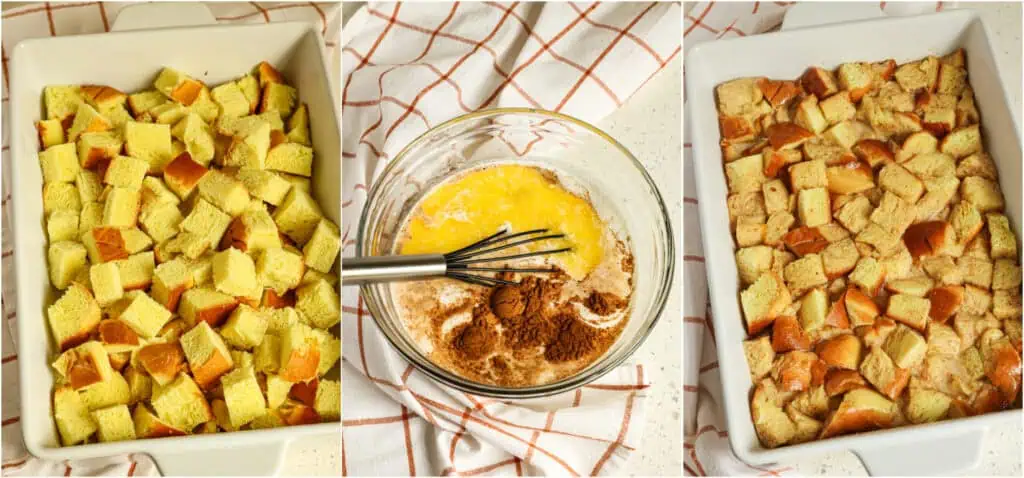 Cut a day-old loaf of challah bread or brioche into bite-size pieces. Lay them in a casserole dish that has been greased with butter. Whisk together the melted butter, eggs, milk, granulated sugar, ground cinnamon, ground nutmeg, and vanilla extract in a large bowl. Pour the custard mixture over the bread, cover, and let it sit for about 30 minutes to absorb the custard.